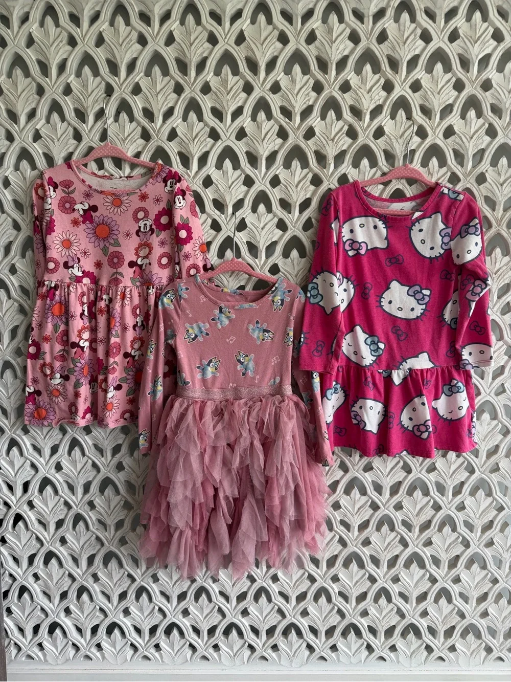 3T Pink Character Dress Bundle - Minnie, Bluey, Hello Kitty